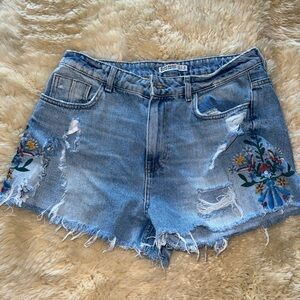 Pre-owned Original Zara Basic Denim Z1975 Denim Ripped Flowers Shorts Size 8